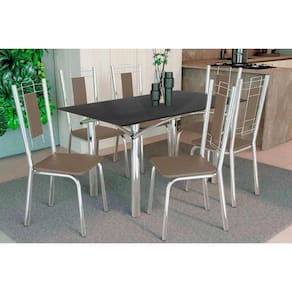 Conjunto: Mesa de Cozinha Elba Tampo Madeirado c/ Vidro 120cm e 6 Cadeiras Florença Cromada/Preto - Courano Marrom - Kappesberg