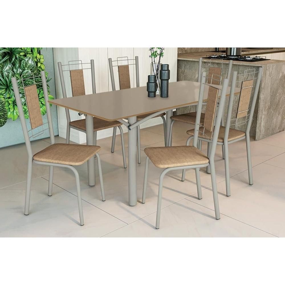 Conjunto: Mesa de Cozinha Elba Tampo Madeirado c/ Vidro 160cm e 6 Cadeiras Florença Niquel/Freijo Bronze - Courano Capuccino - Kappesberg