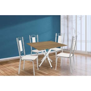 Conjunto: Mesa de Cozinha Volga c/ Tampo de Madeira 90cm e 4 Cadeiras Lisboa Cromado/Nogueira - Branco - Kappesberg