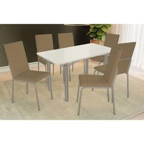 Conjunto: Mesa de Cozinha Elba Tampo Madeirado c/ Vidro 160cm e 6 Cadeiras Amsterdã Niquel/Off White - Courano Capuccino - Kappesberg