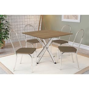 Conjunto: Mesa Sala Jantar Volga c/ Tampo de Madeira 90cm e 4 Cadeiras Noruega Cromado/Nogueira - Capuccino - Kappesberg