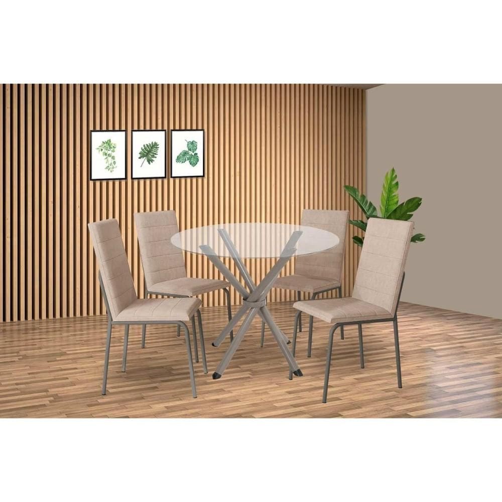 Conjunto: Mesa Sala Jantar Volga c/ Tampo de Vidro 95cm e 4 Cadeiras Amsterdã Niquel - Courano Bege - Kappesberg