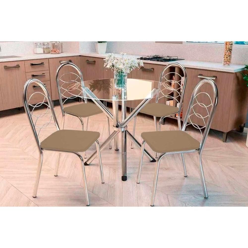 Sala de Jantar Completa Volga c/ Tampo de Vidro 95cm e 4 Cadeiras Holanda Cromada - Courano Capuccino - Kappesberg
