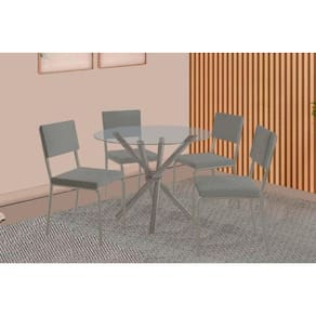 Conjunto: Mesa de Cozinha Volga c/ Tampo de Vidro 95cm e 4 Cadeiras Zaria Niquel - Boucle Cinza - Kappesberg