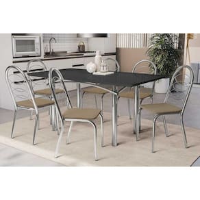 Conjunto: Mesa de Cozinha Elba Tampo Madeirado c/ Vidro 160cm e 6 Cadeiras Holanda Cromada/Preto - Courano Capuccino - Kappesberg