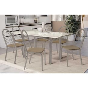 Conjunto: Mesa Sala Jantar Elba Tampo Madeirado c/ Vidro 160cm e 6 Cadeiras Holanda Niquel/Off White - Courano Capuccino - Kappesberg