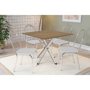 Conjunto: Mesa Sala Jantar Volga c/ Tampo de Madeira 90cm e 4 Cadeiras Noruega Cromado/Nogueira - Branco - Kappesberg