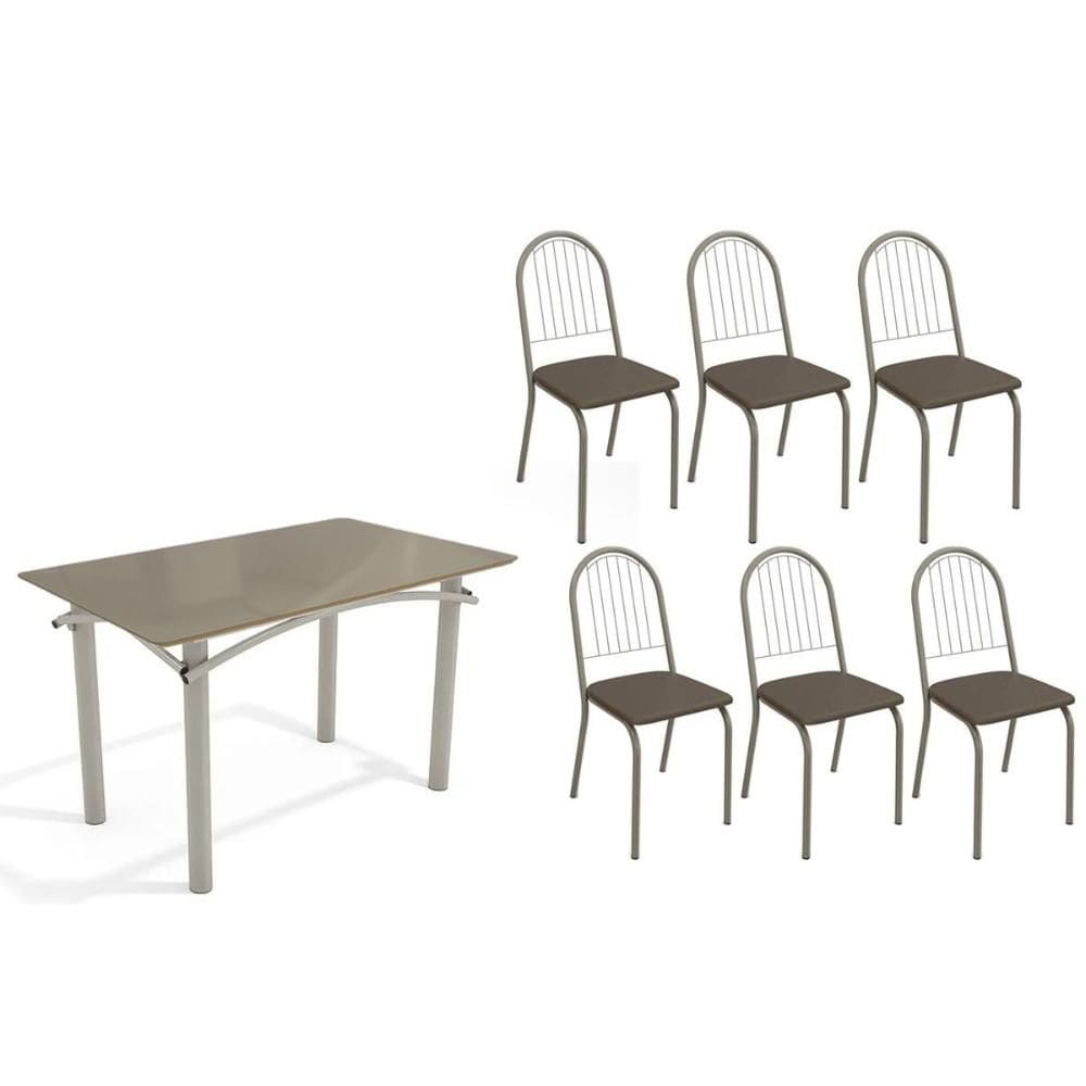 Conjunto: Mesa de Cozinha Elba Tampo Madeirado c/ Vidro 120cm e 6 Cadeiras Noruega Niquel/Freijo Bronze - Courano Marrom - Kappesberg