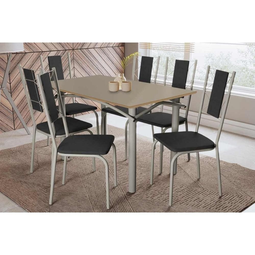 Conjunto: Mesa Sala Jantar Elba Tampo Madeirado c/ Vidro 120cm e 6 Cadeiras Lisboa Niquel/Freijo Bronze - Courano Preto - Kappesberg