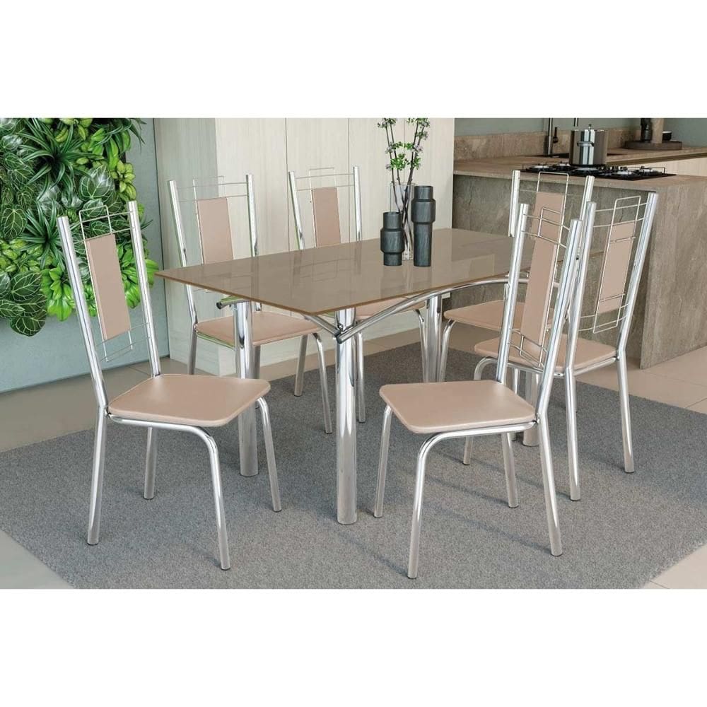 Conjunto: Mesa Sala Jantar Elba Tampo Madeirado c/ Vidro 160cm e 6 Cadeiras Florença Cromada/Freijo Bronze - Courano Bege - Kappesberg