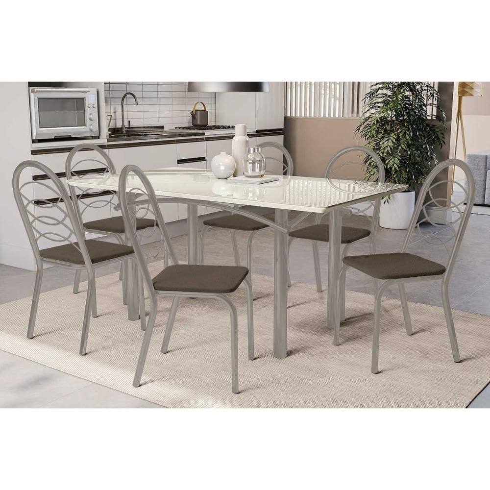 Conjunto: Mesa de Cozinha Elba Tampo Madeirado c/ Vidro 160cm e 6 Cadeiras Holanda Niquel/Off White - Courano Marrom - Kappesberg