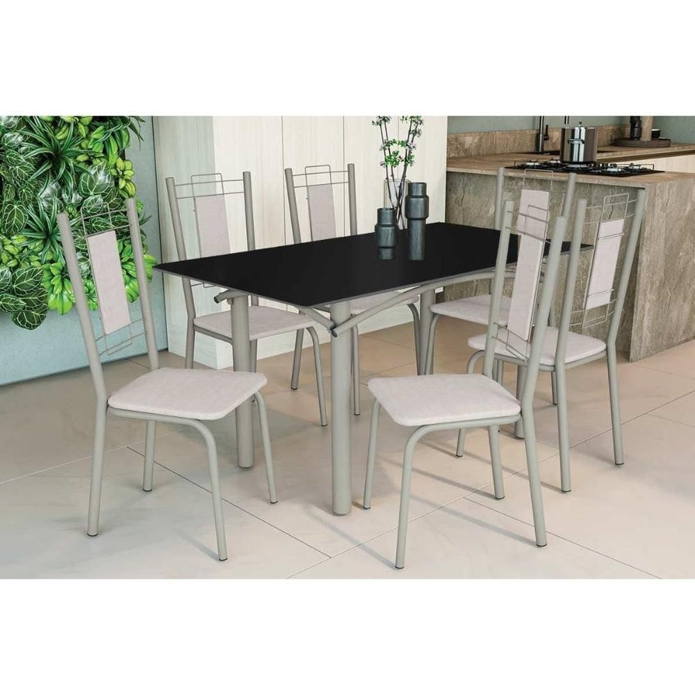 Conjunto: Mesa Sala Jantar Elba Tampo Madeirado c/ Vidro 160cm e 6 Cadeiras Florença Niquel/Preto - Courano Branco - Kappesberg