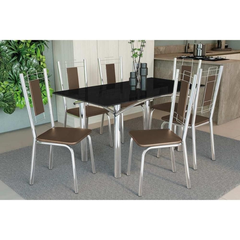Conjunto: Mesa Sala Jantar Elba Tampo Madeirado c/ Vidro 160cm e 6 Cadeiras Florença Cromada/Preto - Courano Marrom - Kappesberg