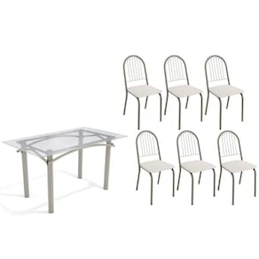 Conjunto: Mesa Sala Jantar Elba c/ Tampo de Vidro 140cm e 6 Cadeiras Noruega Niquel - Courano Branco - Kappesberg