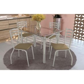 Conjunto: Mesa de Cozinha Elba c/ Tampo de Vidro 120cm e 4 Cadeiras Portugal Niquel - Courano Capuccino - Kappesberg