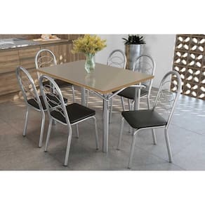 Conjunto: Mesa Sala Jantar Elba Tampo Madeirado c/ Vidro 120cm e 6 Cadeiras Holanda Cromada/Freijo Bronze - Courano Preto - Kappesberg