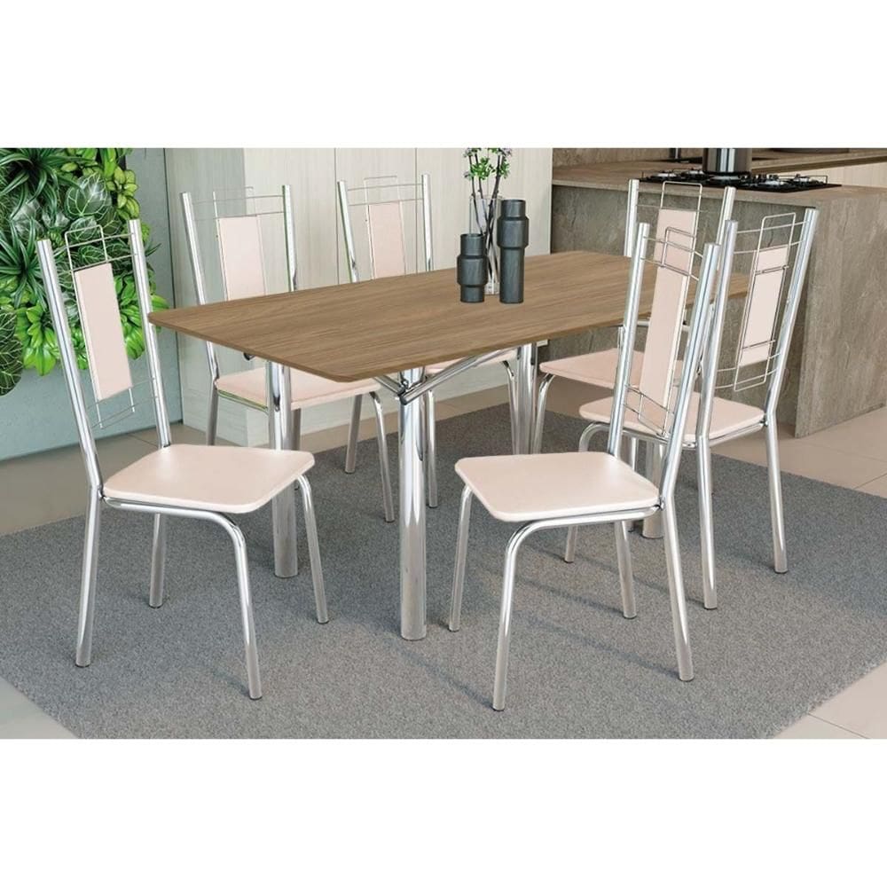 Conjunto: Mesa de Cozinha Elba c/ Tampo de Madeira 160cm e 6 Cadeiras Florença Cromada/Nogueira - Courano Bege - Kappesberg