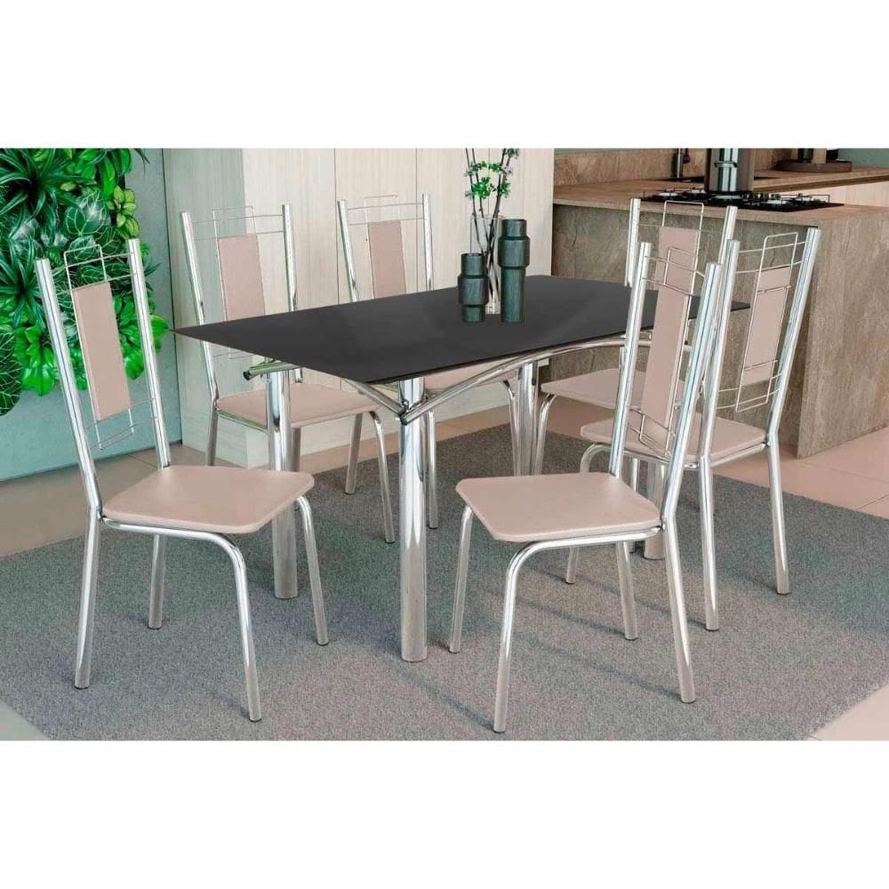 Conjunto: Mesa de Cozinha Elba Tampo Madeirado c/ Vidro 120cm e 6 Cadeiras Florença Cromada/Preto - Courano Bege - Kappesberg