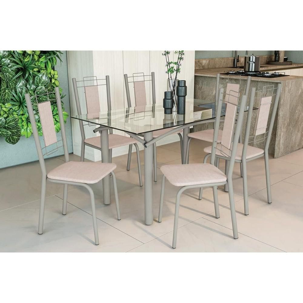 Conjunto: Mesa Sala Jantar Elba c/ Tampo de Vidro 150cm e 6 Cadeiras Florença Niquel - Courano Bege - Kappesberg