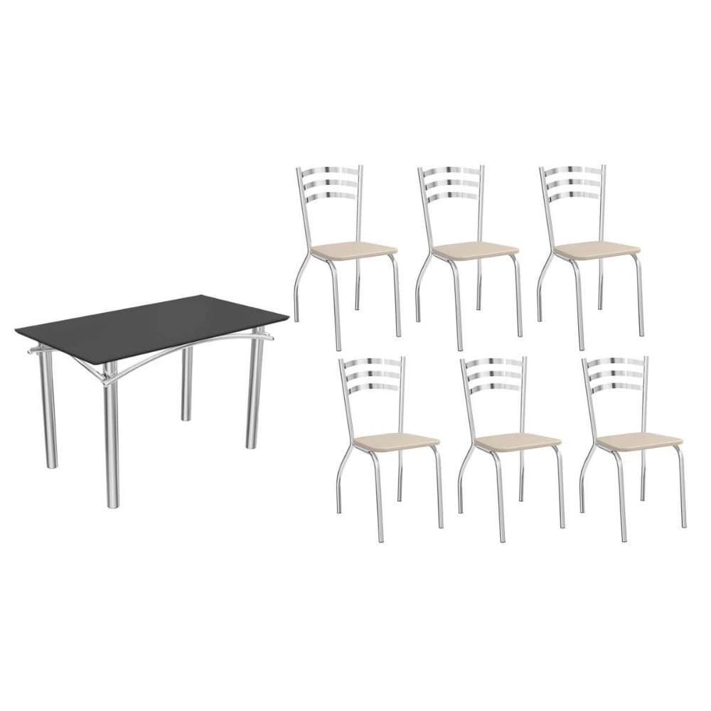 Conjunto: Mesa Sala Jantar Elba Tampo Madeirado c/ Vidro 120cm e 6 Cadeiras Portugal Cromada/Preto - Courano Bege - Kappesberg