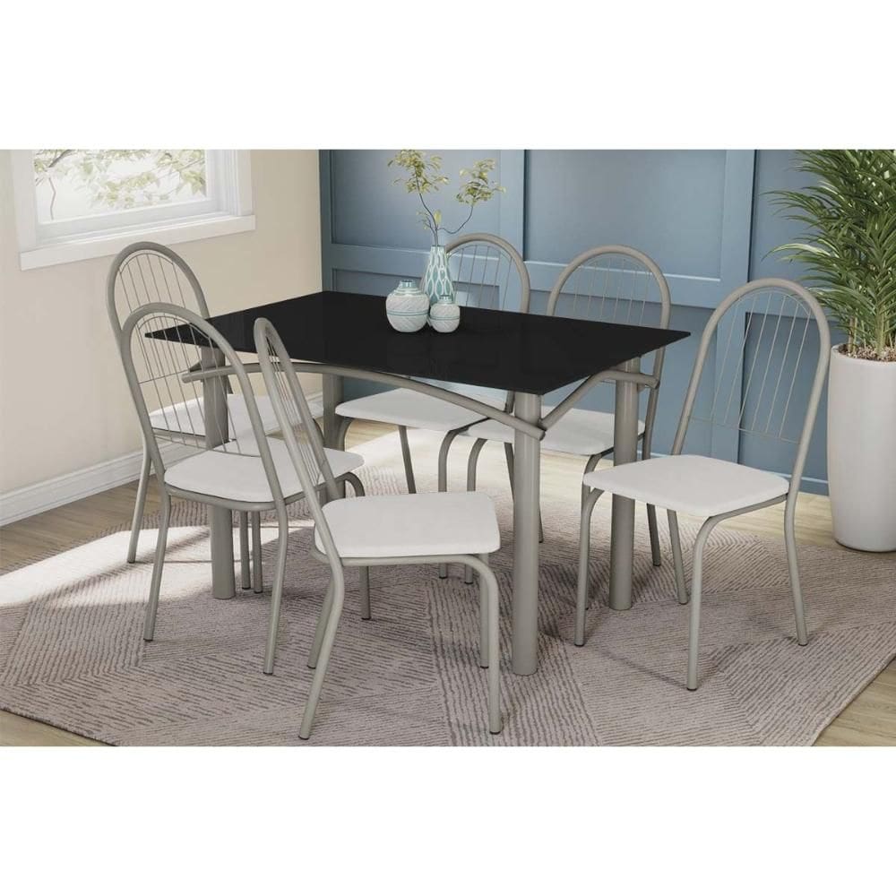 Conjunto: Mesa Sala Jantar Elba Tampo Madeirado c/ Vidro 120cm e 6 Cadeiras Noruega Niquel/Preto - Courano Branco - Kappesberg