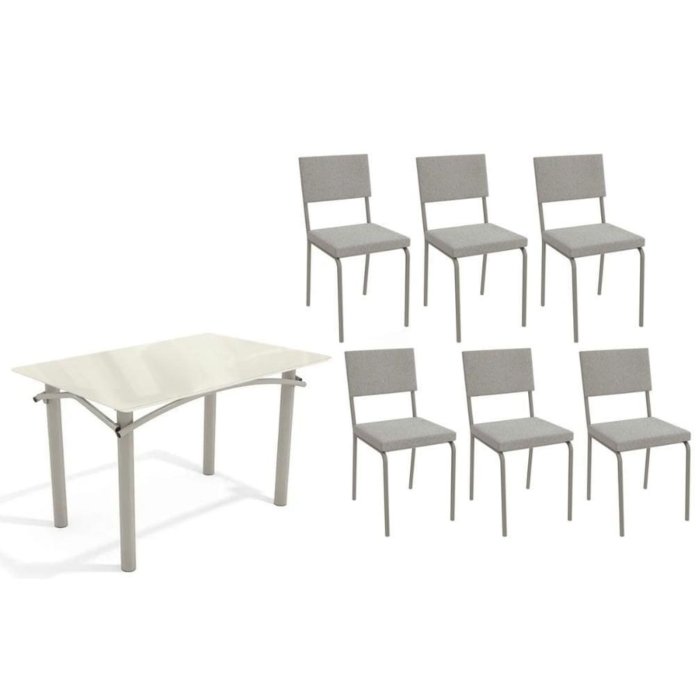 Conjunto: Mesa Sala Jantar Elba Tampo Madeirado c/ Vidro 120cm e 6 Cadeiras Zaria Niquel/Off White - Boucle Cinza - Kappesberg