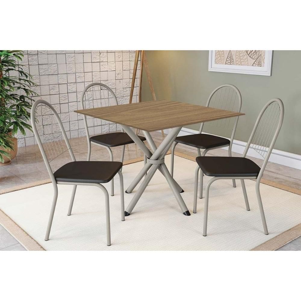 Conjunto: Mesa Sala Jantar Volga c/ Tampo de Madeira 90cm e 4 Cadeiras Noruega Niquel/Nogueira - Courano Preto - Kappesberg