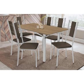 Conjunto: Mesa de Cozinha Elba c/ Tampo de Madeira 160cm e 6 Cadeiras Lisboa Cromada/Nogueira - Courano Marrom - Kappesberg
