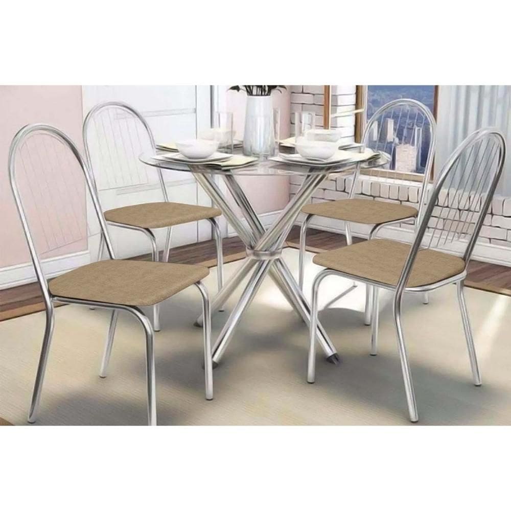 Conjunto: Mesa de Cozinha Volga c/ Tampo de Vidro 95cm e 4 Cadeiras Noruega Cromada - Courano Capuccino - Kappesberg