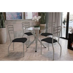Conjunto: Mesa Sala Jantar Volga c/ Tampo de Vidro 95cm e 4 Cadeiras Portugal Niquel - Courano Preto - Kappesberg