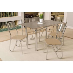 Conjunto: Mesa de Cozinha Elba Tampo Madeirado c/ Vidro 160cm e 6 Cadeiras Nápoles Cromada/Freijo Bronze - Courano Bege - Kappesberg