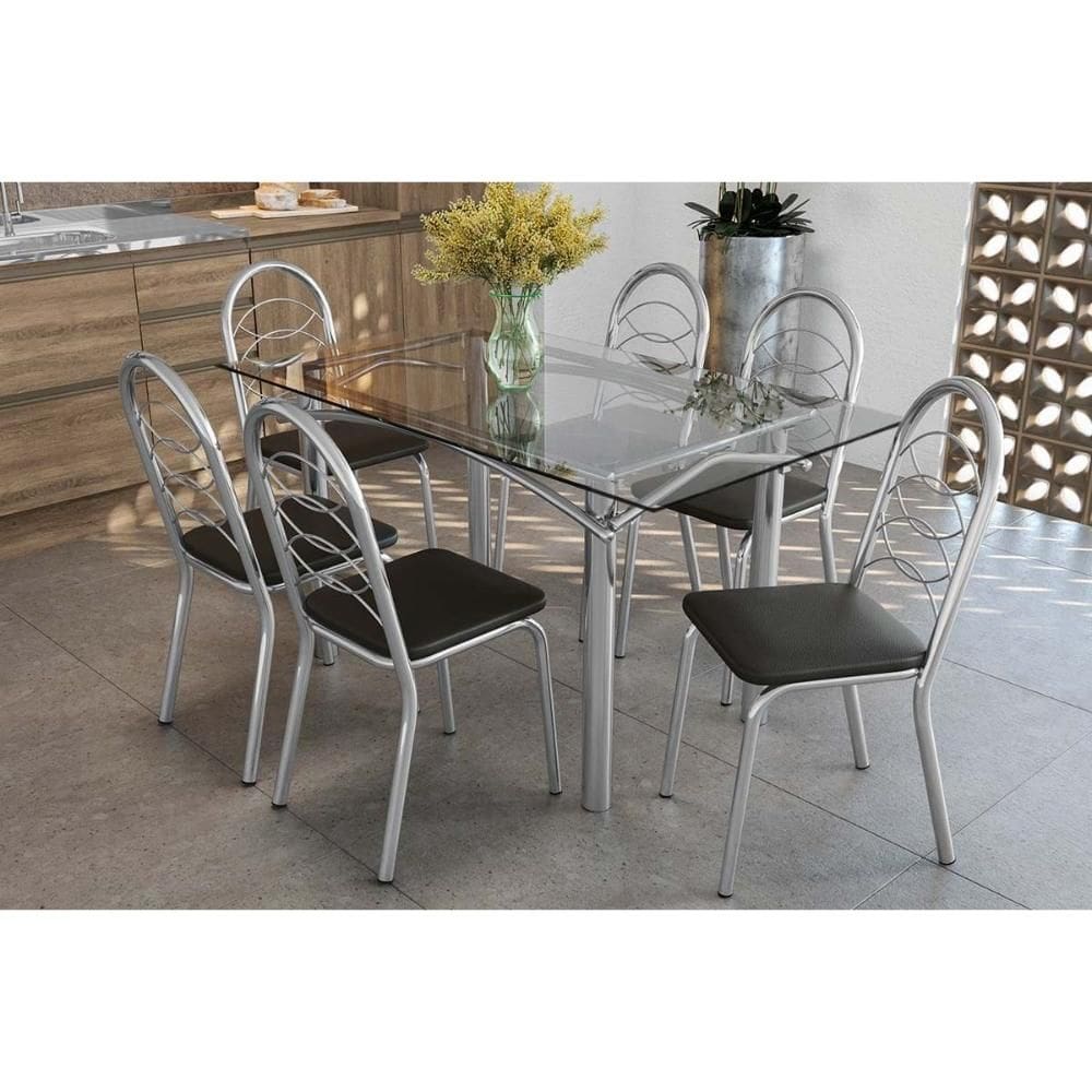 Sala de Jantar Completa Elba c/ Tampo de Vidro 150cm e 6 Cadeiras Holanda Cromada - Courano Preto - Kappesberg