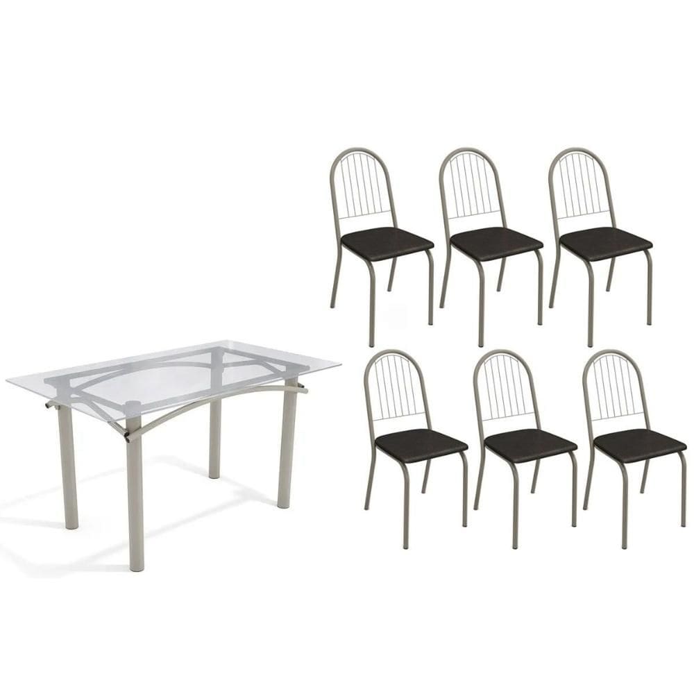 Conjunto: Mesa Sala Jantar Elba c/ Tampo de Vidro 140cm e 6 Cadeiras Noruega Niquel - Courano Preto - Kappesberg