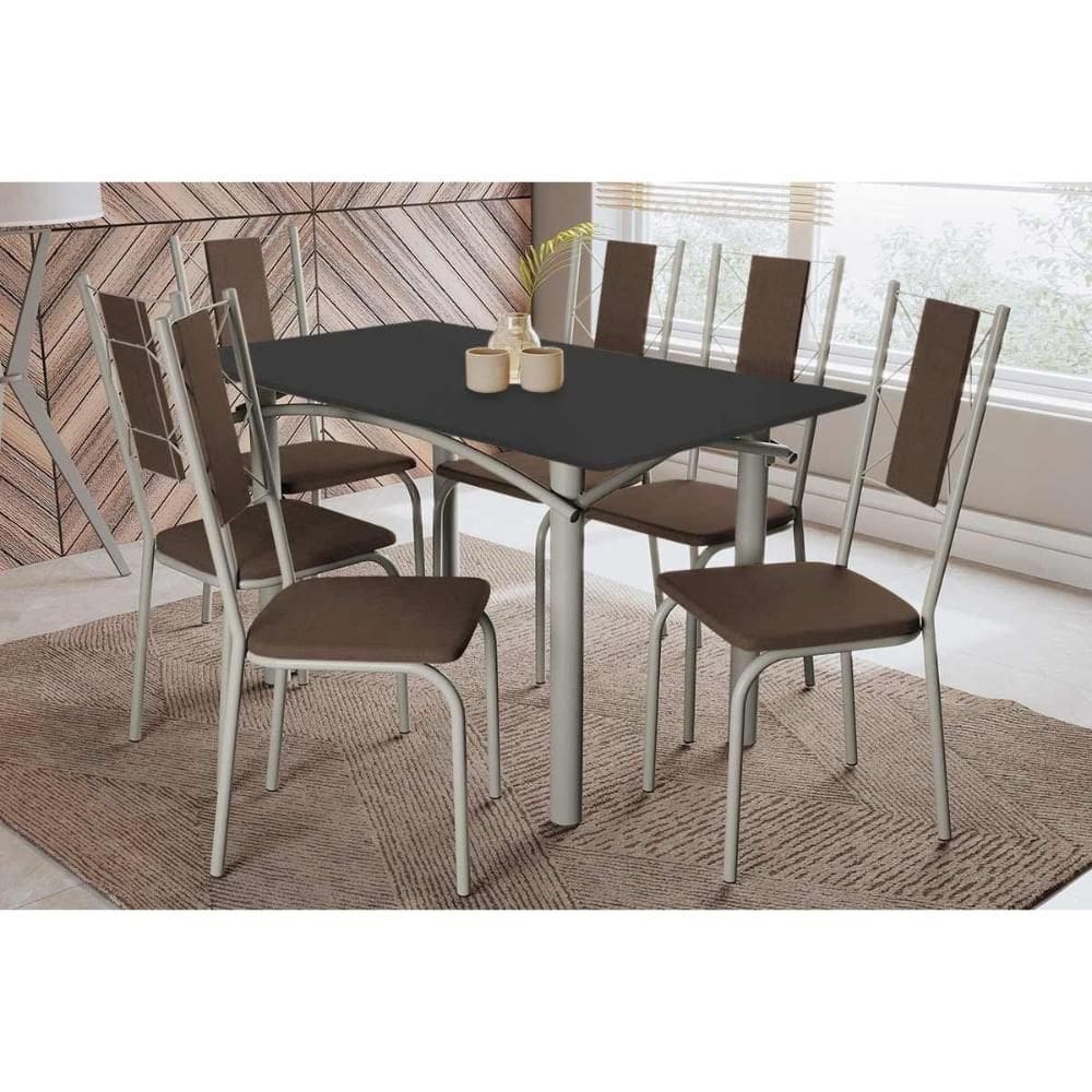 Conjunto: Mesa de Cozinha Elba Tampo Madeirado c/ Vidro 160cm e 6 Cadeiras Lisboa Niquel/Preto - Courano Marrom - Kappesberg