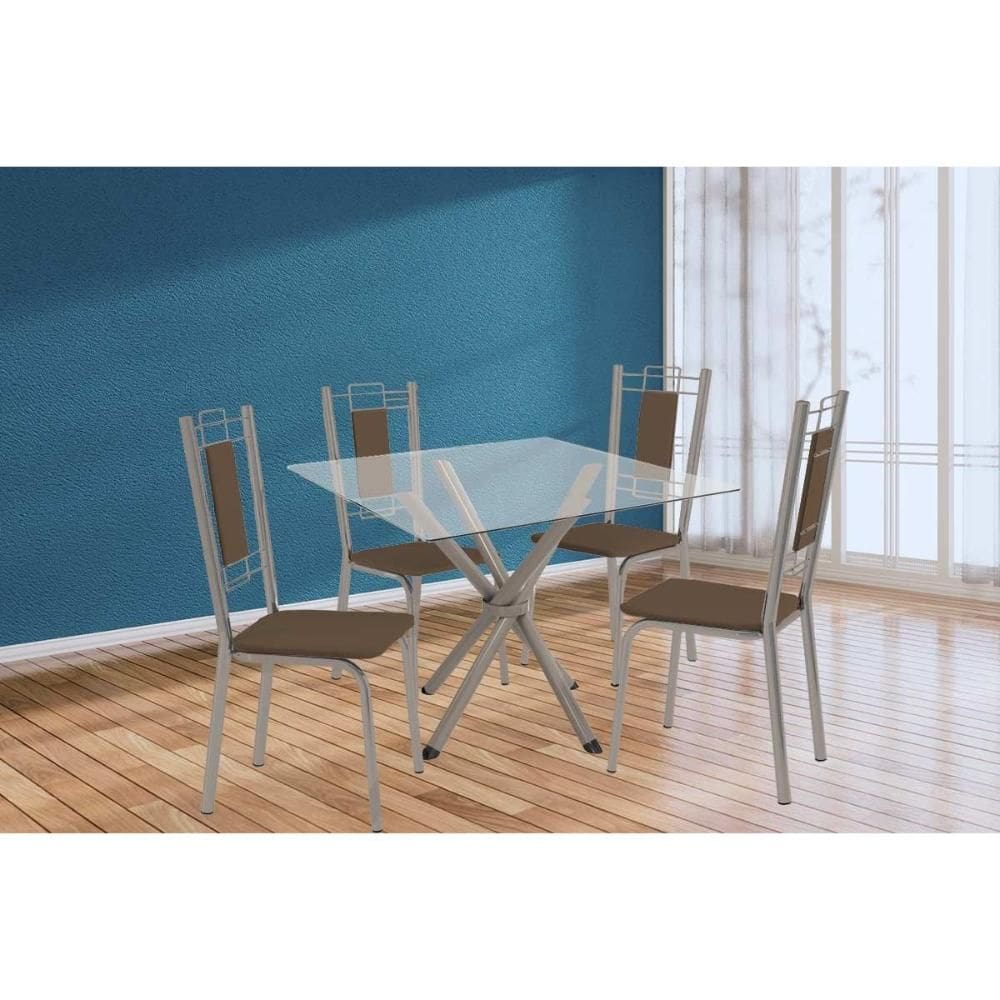 Conjunto: Mesa Sala Jantar Volga c/ Tampo de Vidro 90cm e 4 Cadeiras Florença Niquel - Courano Marrom - Kappesberg