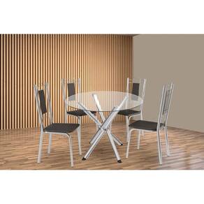 Conjunto: Mesa Sala Jantar Volga c/ Tampo de Vidro 95cm e 4 Cadeiras Florença Cromada - Courano Preto - Kappesberg