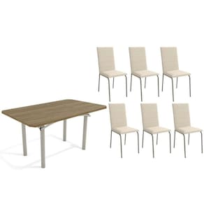 Conjunto: Mesa de Cozinha Elba c/ Tampo de Madeira 160cm e 6 Cadeiras Amsterdã Niquel/Nogueira - Courano Bege - Kappesberg