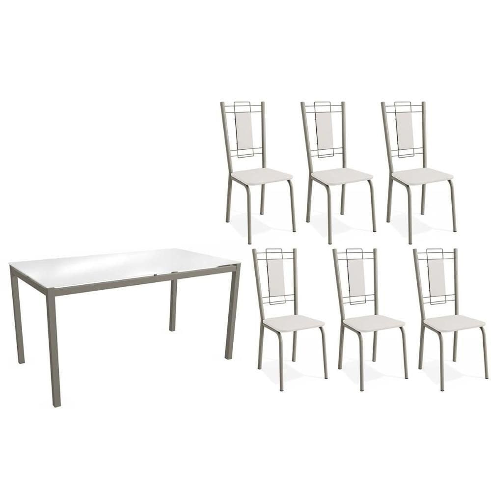 Conjunto: Mesa Sala Jantar Reno c/ Tampo de Vidro 150cm e 4 Cadeiras Florença Niquel - Courano Branco - Kappesberg