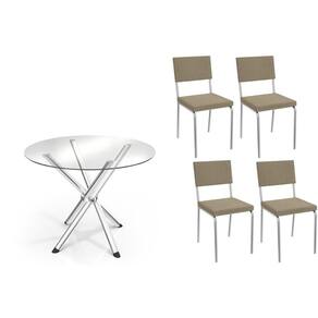 Conjunto: Mesa de Cozinha Volga c/ Tampo de Vidro 95cm e 4 Cadeiras Zaria Cromada - Boucle Bege - Kappesberg