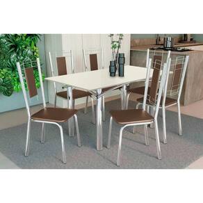 Conjunto: Mesa Sala Jantar Elba Tampo Madeirado c/ Vidro 160cm e 6 Cadeiras Florença Cromada/Off White - Courano Marrom - Kappesberg