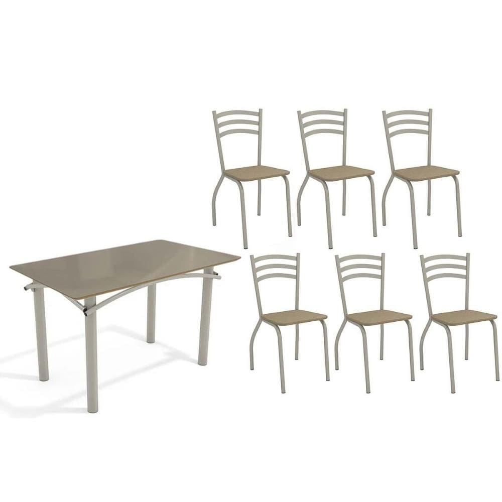 Conjunto: Mesa Sala Jantar Elba Tampo Madeirado c/ Vidro 120cm e 6 Cadeiras Portugal Niquel/Freijo Bronze - Courano Capuccino - Kappesberg