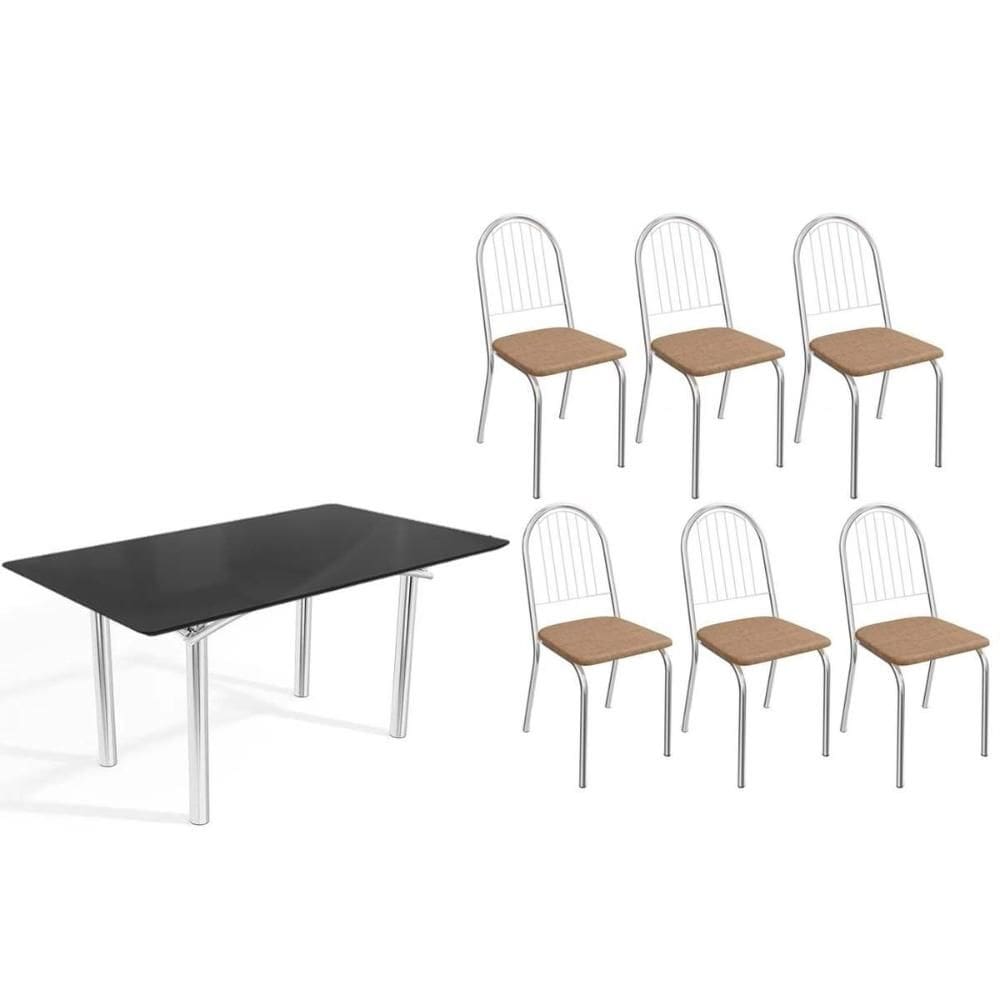 Conjunto: Mesa de Cozinha Elba Tampo Madeirado c/ Vidro 160cm e 6 Cadeiras Noruega Cromada/Preto - Courano Capuccino - Kappesberg