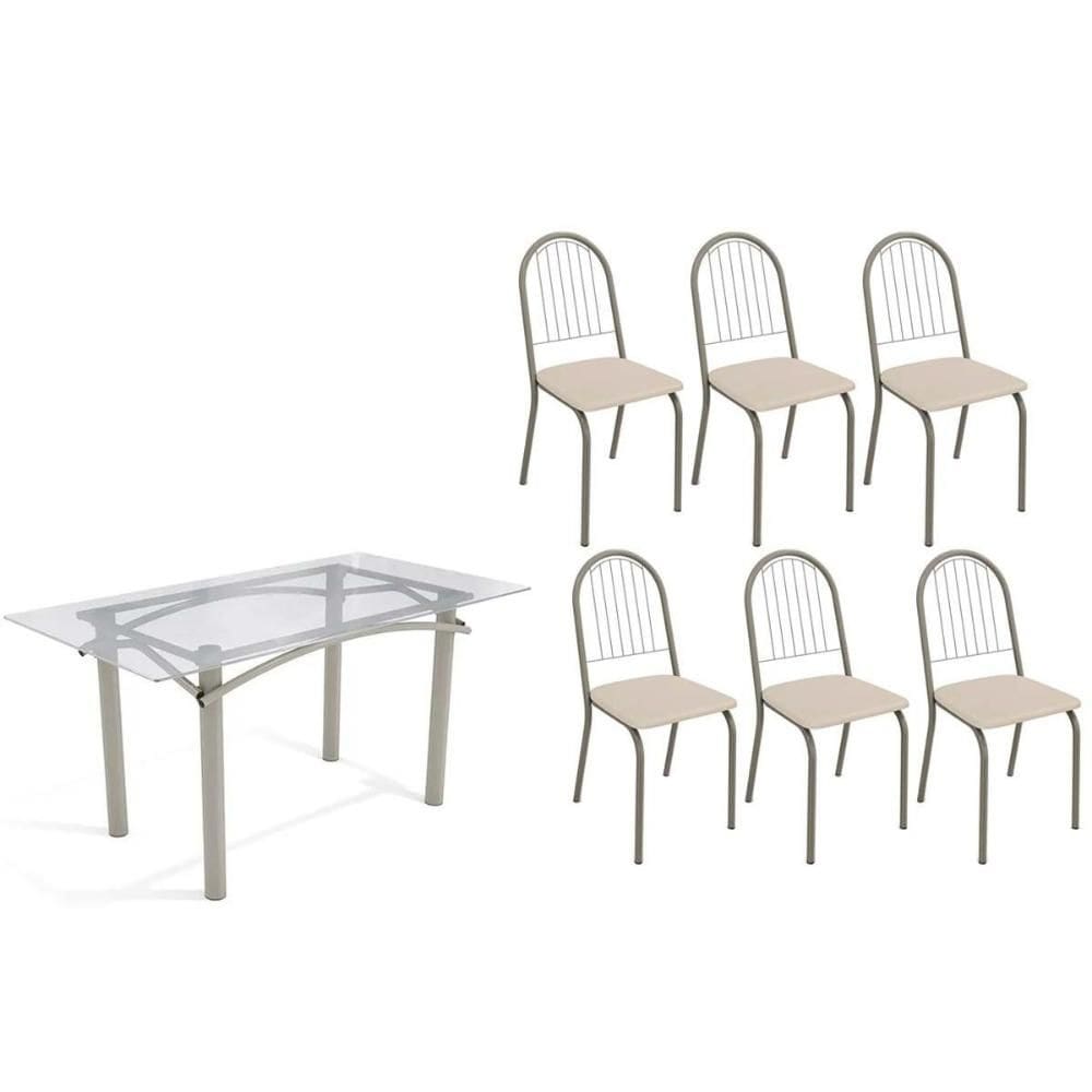 Conjunto: Mesa Sala Jantar Elba c/ Tampo de Vidro 150cm e 6 Cadeiras Noruega Niquel - Courano Bege - Kappesberg