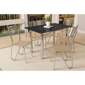 Conjunto: Mesa Sala Jantar Elba Tampo Madeirado c/ Vidro 120cm e 6 Cadeiras Nápoles Cromada/Preto - Courano Bege - Kappesberg