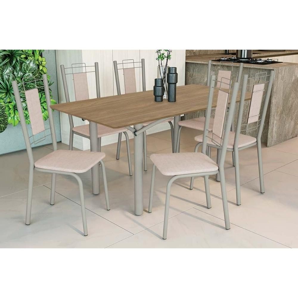 Conjunto: Mesa Sala Jantar Elba c/ Tampo de Madeira 160cm e 6 Cadeiras Florença Niquel/Nogueira - Courano Bege - Kappesberg
