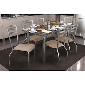 Conjunto: Mesa Sala Jantar Elba c/ Tampo de Vidro 140cm e 6 Cadeiras Portugal Cromada - Courano Bege - Kappesberg