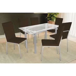 Conjunto: Mesa Sala Jantar Elba c/ Tampo de Vidro 150cm e 6 Cadeiras Amsterdã Cromada - Courano Marrom - Kappesberg