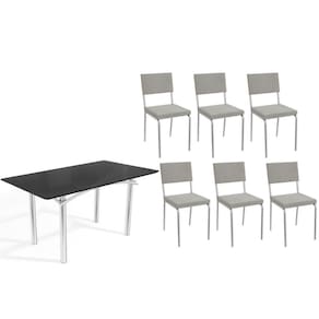 Conjunto: Mesa Sala Jantar Elba Tampo Madeirado c/ Vidro 160cm e 6 Cadeiras Zaria Cromada/Preto - Boucle Cinza - Kappesberg