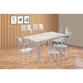 Conjunto: Mesa de Cozinha Elba c/ Tampo de Vidro 120cm e 6 Cadeiras Nápoles Cromada - Courano Branco - Kappesberg