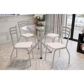 Conjunto: Mesa de Cozinha Volga c/ Tampo de Vidro 95cm e 4 Cadeiras Portugal Niquel - Courano Bege - Kappesberg